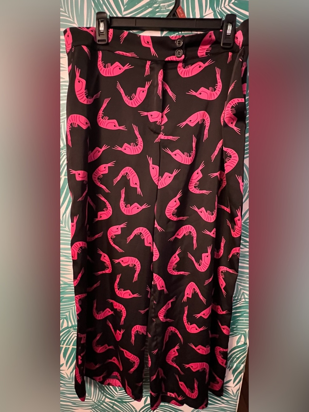 ModCloth Satin Black with Hot Pink Shrimp Parachute Pant wide leg Sz XL
